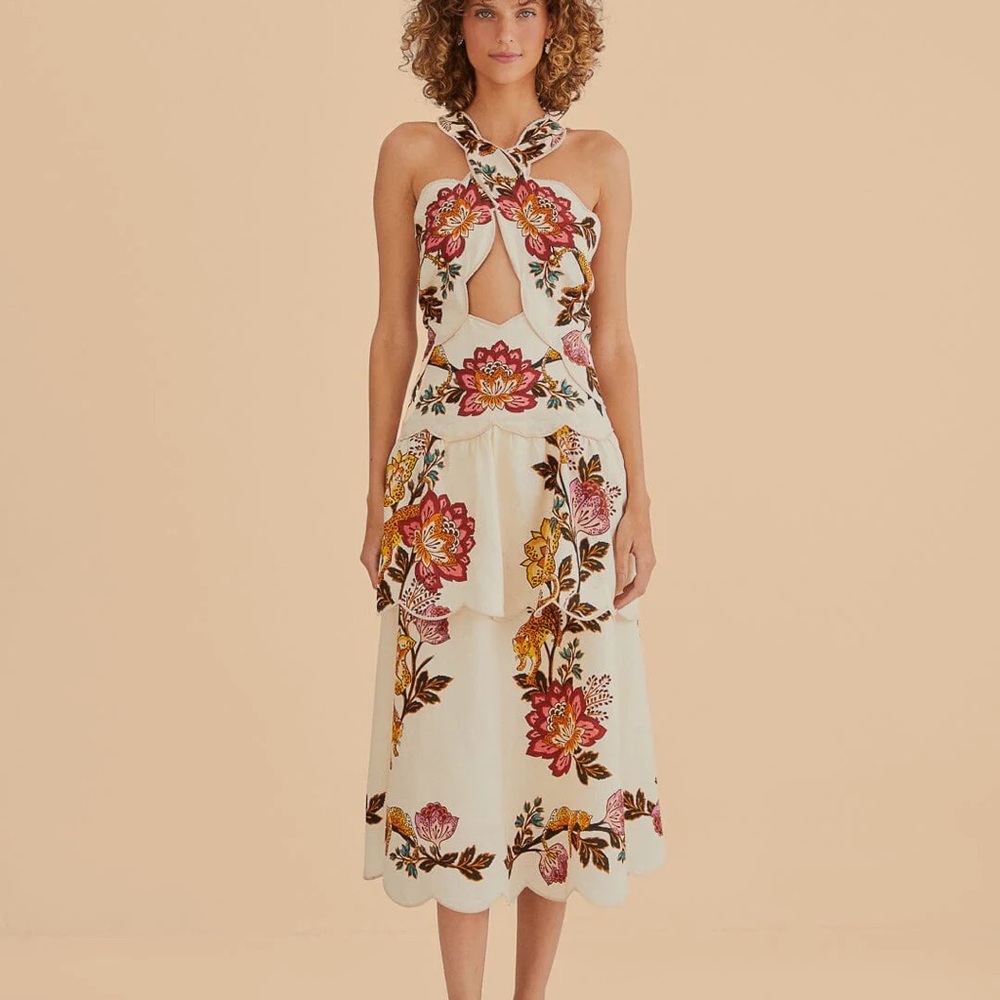 FARM Rio Sand Leopard Flowers Cut Out Midi Dress